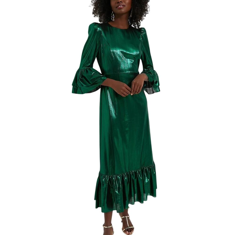 Pomander Place Shimmering Emerald Green Satin Maxi Dress with Ruffle Hem